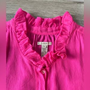 J.Crew Hot Pink Silk Crepe Ruffle Neck Size 10 Blouse